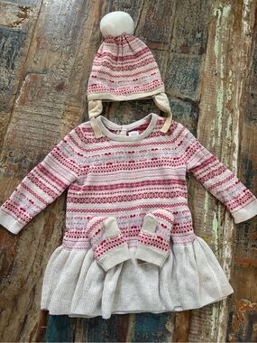 Baby GAP Pink Fair Isle Knit Dress, Hat & Mittens Set